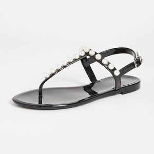 Stuart Weitzman Black Patent Pearl-Trim T-Strap Sandals